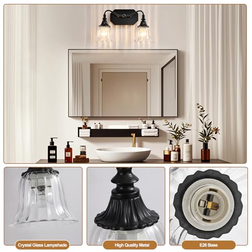 Image of LmnLvn 2-Light Bathroom Vanity Light, Matte Black with Crystal Glass Shade