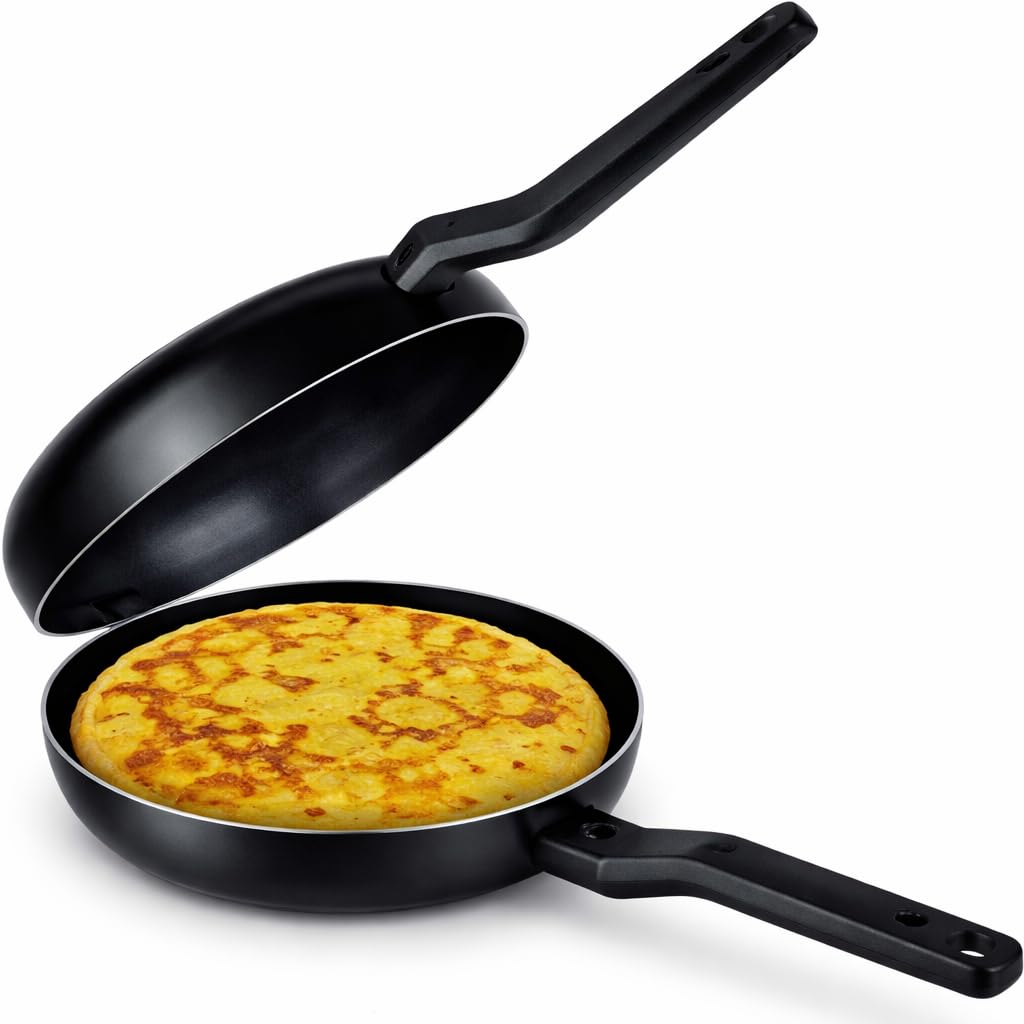 LS Kitchen - Doble Sartén Voltea Tortillas Volteo Fácil y Seguro - Sarten para Tortilla Patatas Jugosa - Sarten Doble para Tortillas - Vitro e Inducción - Diámetro 24 cm - Negra