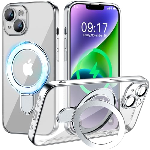 Image of Magnetic for iPhone 14 Case with Invisible Stand[Compatible with MagSafe][Full Camera Lens Protector][Military Drop Protection] Shockproof Not Yellowing Clear Slim Soft for Women Men