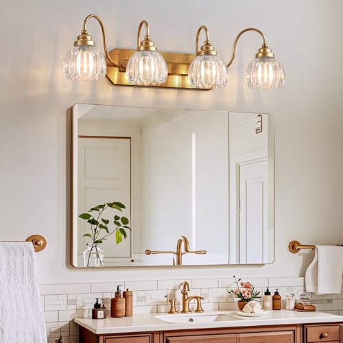 Image of Vintage Gold Bathroom Light Fixtures,4 Light Tulip Crystal