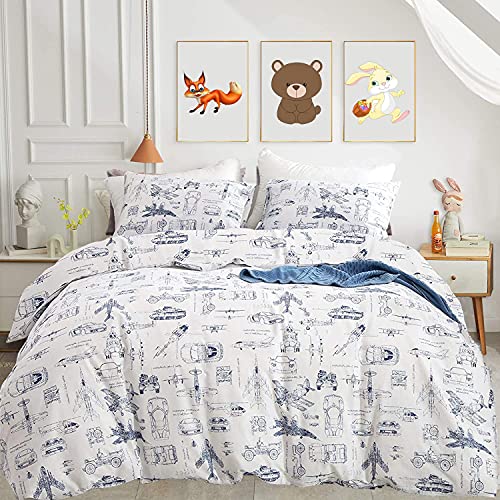 Image of KAREVER White Aircraft Comforter Set Twin Boys Cartoon White Bedding Set Airplane Comforter Car Tank Printed Bedding for Children Teen Boy Blanket Set