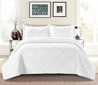 Prime Linen Quilted Bedspread Embossed Pattern Comforter Coverlet Bedding Set Bed Throw With 2 Pillow Shams (Ruffle Grey, King)