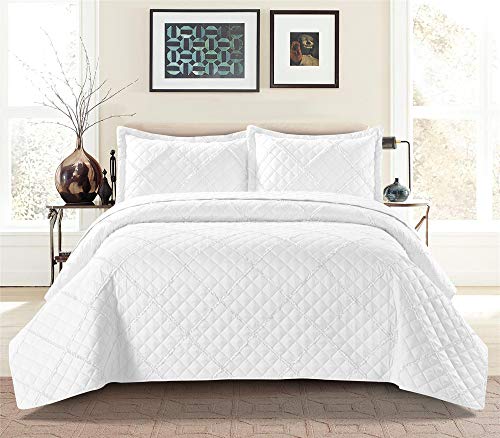 Prime Linen Quilted Bedspread Embossed Pattern Comforter Coverlet Bedding Set Bed Throw With 2 Pillow Shams (Ruffle White, King)