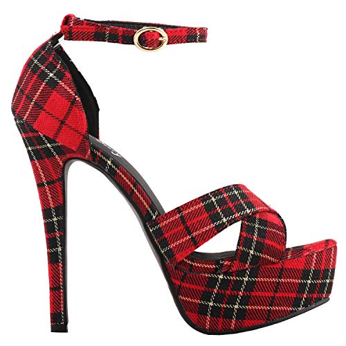 SHOW STORY Sexy Red Checkered Ankle Strap Open Toe Platform Stiletto Sandals,LF80107RD38,7US,Red