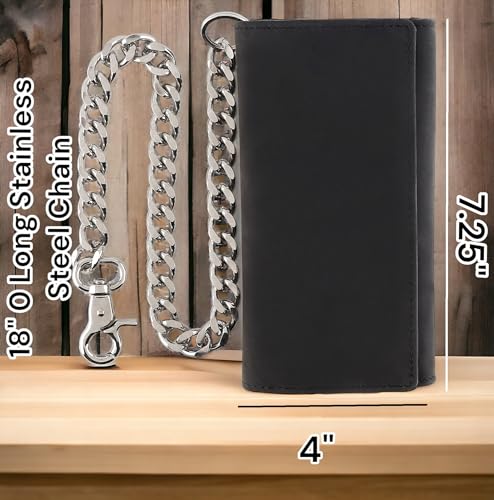 Image of F&L CLASSIC RFID Blocking Mens Tri-fold Long Style Cowhide Leather Steel Chain Wallet,buffalo premium black leather,212-60