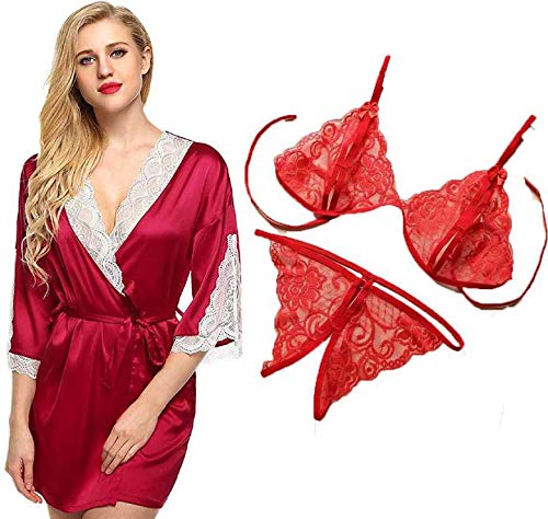 lovie's Women's Polyester 3 Pieces Baby Doll Robe Nighty with Bra and Panty Lingerie Set (Maroon, White, Red, Free Size)-picture-14