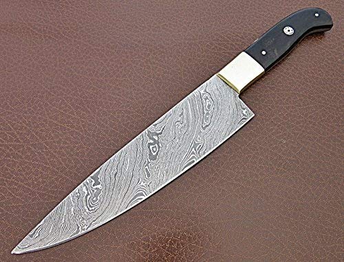 Cf-62 Custom Handmade Damascus Steel 12.00 Inches Chef Knife - Solid Bull Horn Handle With Brass Bolster #TOP4