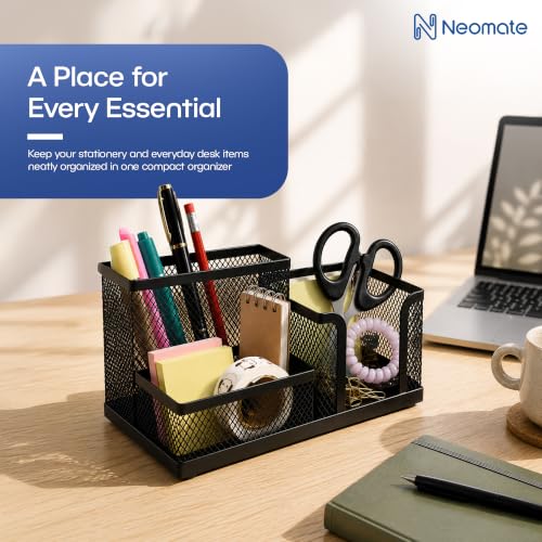 Image of Neomate Metal Mesh Desk Organizer Pen Stand with 3 Compartments - Keeps Pens, Scissors and Stationery Tidy for Office, Study Table and WFH Desk Setup (Black color)