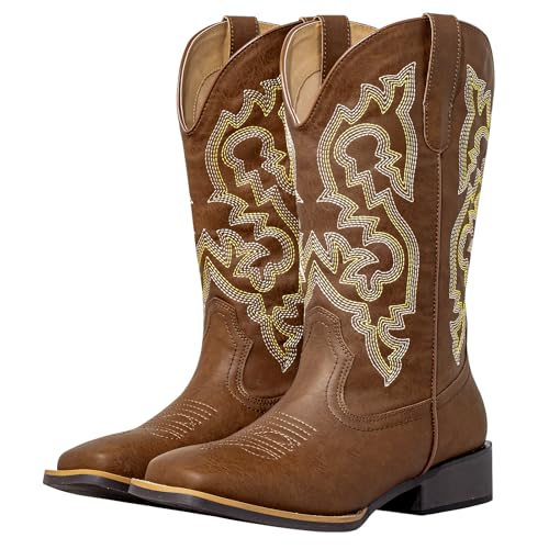 SheSole Extra Wide Calf Cowgirl Boots with Removable Cushion - Western Cowboy Style with Roomy Square Toe & Hidden Elastic Panel to Step into Confidence (Brown X-Wide 8)