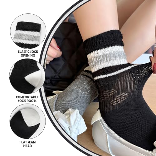 Women's Mid-Calf Socks 4 Pairs Vintage Striped Crew Socks with Breathable Cut-Out Design2