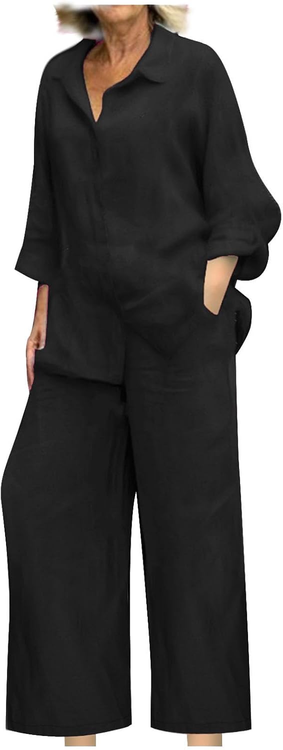 bmkBWO Linen Sets for Women 2 Piece,Button Down Plus Size Summer Shirts Wide Leg Linen Pants Lounge Outfits Clothes 2026 - Image 2