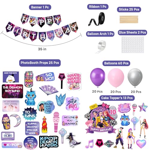 Image of Party Propz Kpop Theme Happy Birthday Decoration Kit - 128 Pcs, Birthday Decoration Items with K pop Deemon Hunters Birthday Props and Cake Toppers, Kpop Bday Banner for Boys & Girls (Cardstock)