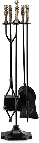 Tangkula Juego de chimenea de 32 pulgadas, 5 piezas, rústico, resistente, compacto, de hierro forjado, juego de herramientas con pedestal, disponible en Yaxa Colombia