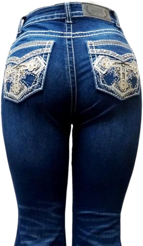 Jack David H&Y Women's 70s Trendy Sexy Rhinestone Studded Flare Fitted Bell Bottom Denim Jeans - Image 2
