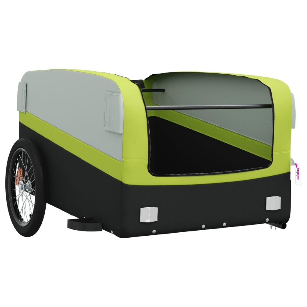 Mangloder Fahrradanhänger schwarz und grün robust aus Eisen mit Deichsel für Transport, Camping, Familienausflüge geeignet, inklusive Sicherheitsflagge und faltbar Design