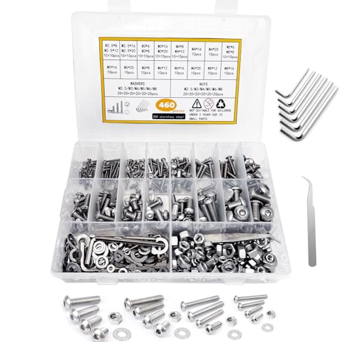Juego de Tornillos y Tuercas, 460 Piezas M2,5 M3 M4 M5 M6 M8 Juego de Tornillos y Tuercas y Arandelas Kit, 304 Tornillos de Cabeza Hexagonal de Acero Inoxidable, con Llave, con Llave, Pinzas y Caja