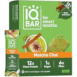 IQBAR Clean Plant Protein Bars - Matcha Chai - 12 Count - Keto, Vegan, High Fiber, Gluten and Dairy Free, Low Sugar Snack - Brain and Body Nutrients for Focus, Energy, Meal Replacement
