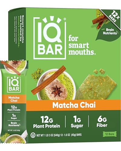 IQBAR Clean Plant Protein Bars - Matcha Chai - 12 Count - Keto, Vegan, High Fiber, Gluten and Dairy Free, Low Sugar Snack - Brain and Body Nutrients for Focus, Energy, Meal Replacement
