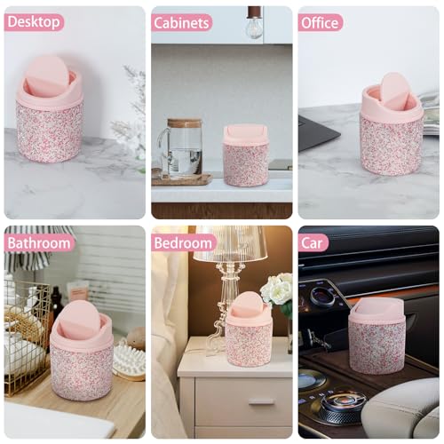 Image of KEYPOWER Bling Rhinestone Mini Plastic Trash Can Cute Small Waste Can with Swing Lid,Suitable for Home Countertop,Car,Table Desk,Office (Pink)
