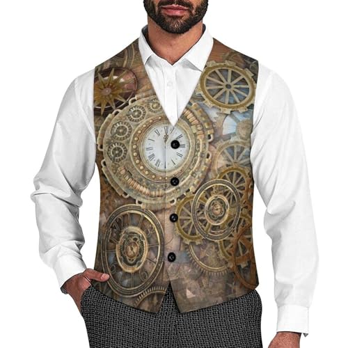 Retro Steampunk Clocks and Gears Funny Men's Formal Suit Vest Casual Business Dress Waistcoat Printed Vest Slim Fit