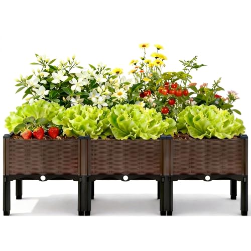 3Piece Brown Raised Garden Box Set, ideal for growing vegetables, herbs, flowers & succulents. With built-in drain outlets and ,it works well indoors and outdoors, suitable for various planting needs.