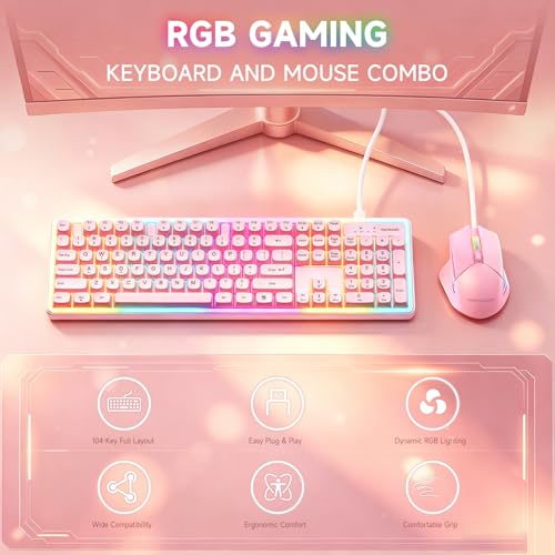 Image of memzuoix Wired RGB Keyboard and Mouse Combo for Office & Gaming, Pink