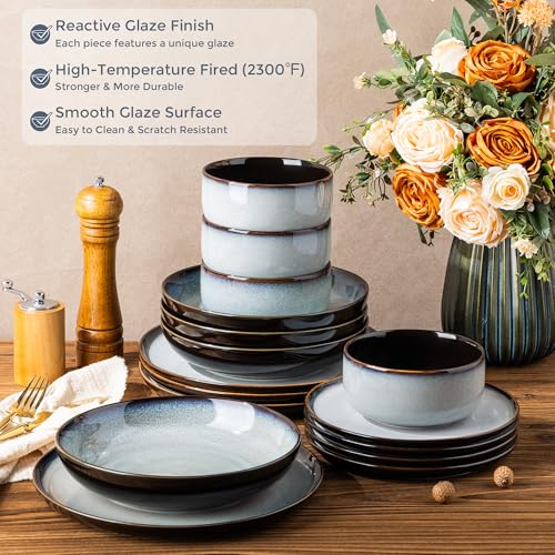 Image of LERATIO Ceramic Dinnerware Sets with Pasta Bowls for 4,Plates and Bowls Sets,Oven &Microwave & Dishwasher Safe,Light Weight & Scratch Resistant Dishes Sets-Service for 4 (16pcs)-Gray White