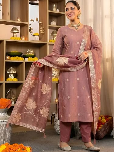 Image of Pinkmint Women Jacquard Silk Ethnic Kurta with Dupatta Suit for Women | Straight Fit Designer Wear with Woven Pattern & Tassel Dupatta | Availble in Plus Size