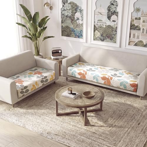 Image of HOKIPO 'Homehues Series' Printed Quilted Sofa Cover Mat for 5 Seater - (3+2), Multicolor Leaves (IN-807 + IN-809 - D2)