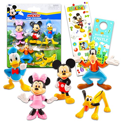 Classic Disney Mickey and Friends Mini Figures 5 Pack - Toy Bundle with Cupcake Topper Figurines Including Mickey, Minnie, More Plus Stickers (Disney Party Supplies)