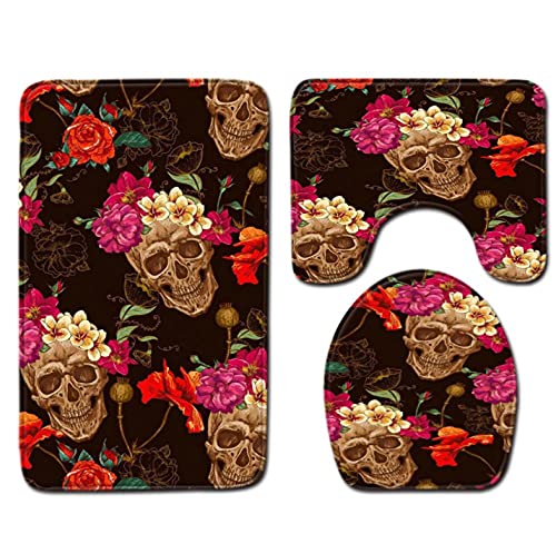 3 Teilig Badematte Set Totenkopf Blumen 3D Badematten Set rutschfest, Badezimmerteppich,U-förmiger WC-Vorleger,WC…