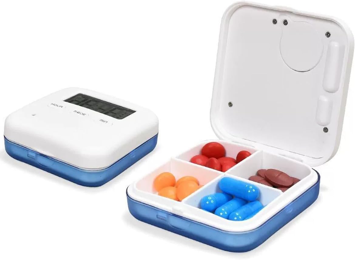 Smart Pill Box ，Smart Pill Box with Ringing Vibration Reminder，AM/PM Automatic Alarm Reminder, Portable Daily Medicine Container Case for Vitamin, Fish Oils, Supplements