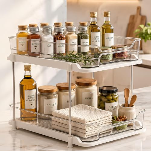 Image of Satpurush 2 Tier Kitchen Organizer Rack for Countertop, Space Saving Multipurpose Organiser with Transparent Trays for Spice Jars, Oil Bottles & Containers (Transparent, Compact (22.5 CM))