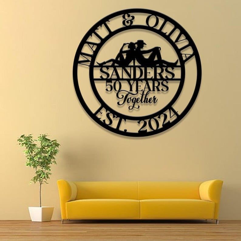 Custom 50th Anniversary Together Western Cowboy Cowgirl Metal Sign, Wedding or Housewarming Gift, Custom Anniversary Metal Sign Decor (Style 4)