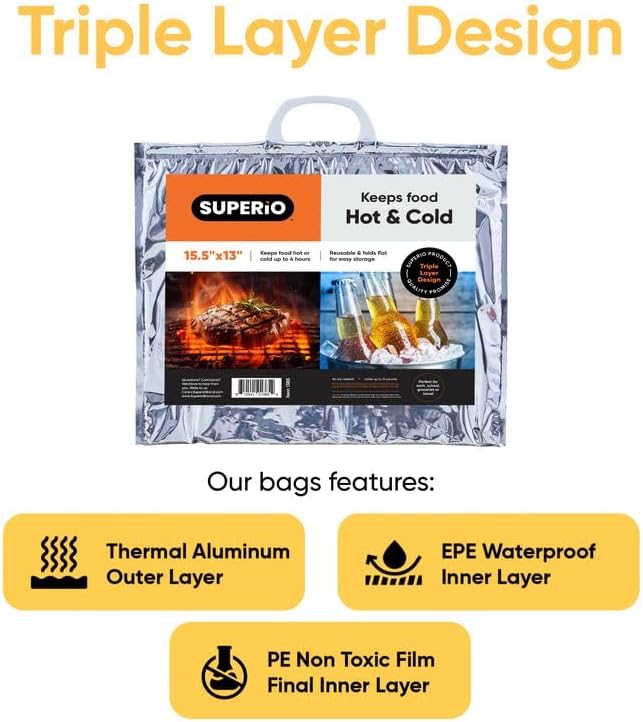 Superio Hot and Cold Insulated Bags for Food Delivery, Grocery Shopping Bags, Food Storage for Hot and Frozen Food for Travel, Disposable Cooler Bag, Reinforced Thermal Lunch Bag (10, 15.5"x13")