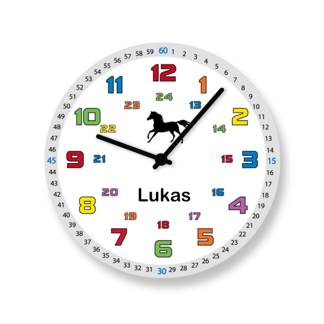 Schulanfang Lernuhr Geschenk Kinder Wanduhr Pferd große Bunte Zahlen Uhr personalisiert
