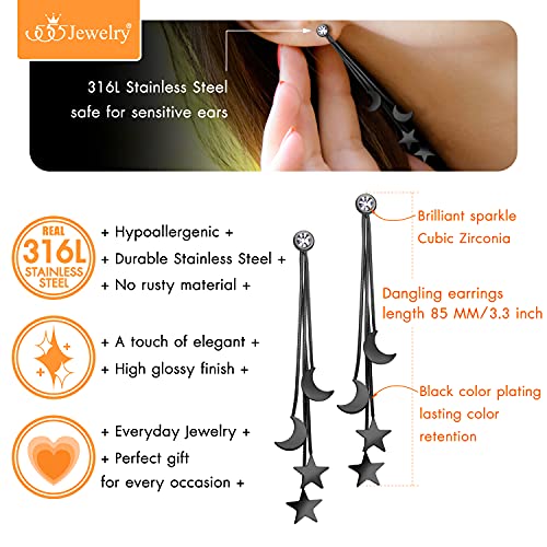 555Jewelry Stainless Steel Dangle Drop Star & Moon Tassel Earrings, Celestial Drop Earrings, Trendy Dangly Earrings, Cute Dangling Earrings For Women & Girls, Black #TOP4