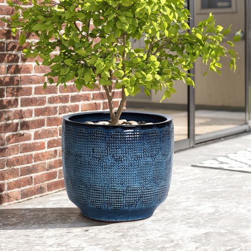 LuxenHome 15.75 Dia Large Ceramic Pots for Plants Blue Glazed Planters for Outdoor Plants Round Indoor Flower Pots with Drainage Hole and Rubber Plug for Home Garden Patio