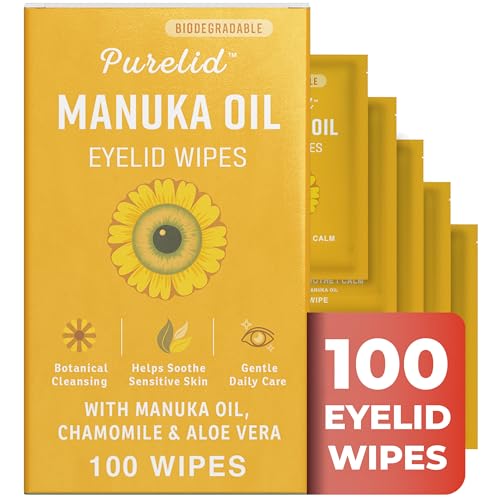PURELID 100 Pcs Manuka Oil Eyelid Wipes for Sensitive Lid Care & Eye Hygiene Gentle Daily Eyelid Cleansing Wipes with Chamomile & Aloe Vera Biodegradable Free From Parabens & Sulfates