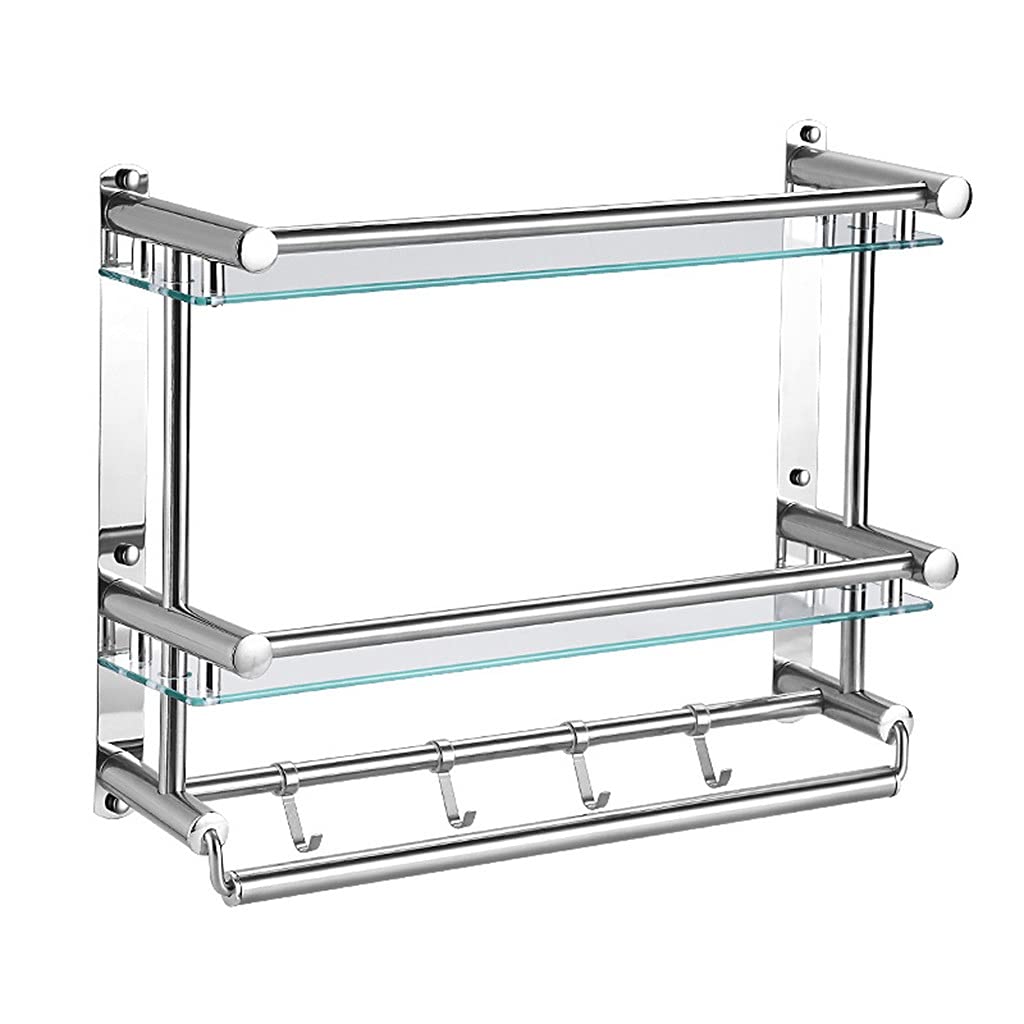 Bathroom Glass Shelf Adhesive Bathroom Shelf with Towel Bar and Hooks Aluminum Thickening No Drilling Shower Caddy Storage