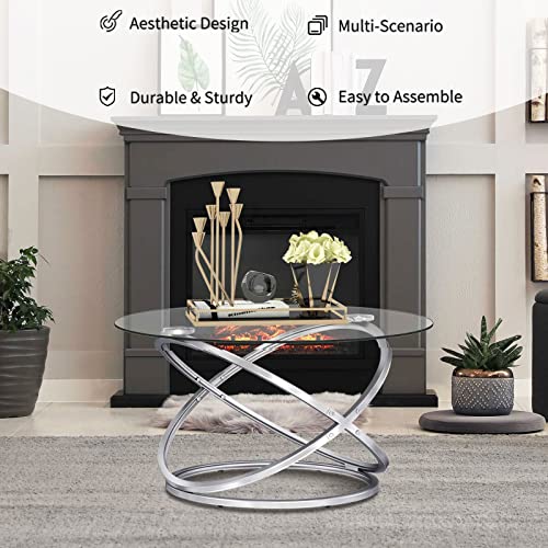 Oiog Round Coffee Table, Glass Coffee Tables For Living Room, Modern Coffee Table With Tempered Glass Tabletop, Chrome Finish (Silver) #TOP3
