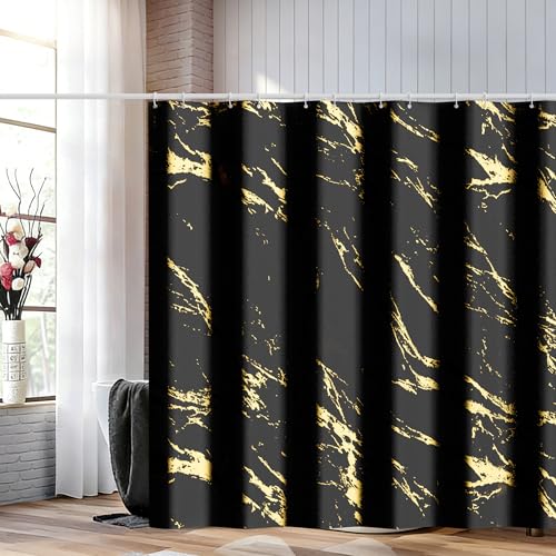Yiwshcut Black and Gold Shower Curtain Black Marble Shower Curtain Modern Fabric Shower Curtains for Bathroom Black and Gold Texture Shower Curtain Set with Hooks 72x72