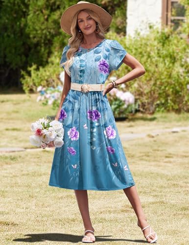 Image of HOTOUCH Women's Summer A-Line Midi Dresses 2026 Casual Floral Short Sleeve T-Shirt Dress Flowy Beach Sundress with Pockets