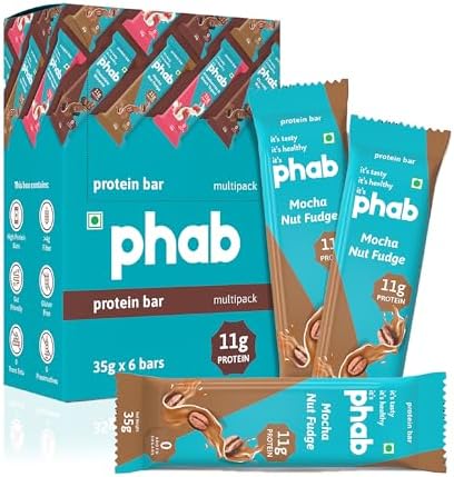 Phab Protein Bars Mini with 11g Protein, No Preservatives, No Artificial Sweeteners, Zero Trans Fats, Goodness of Honey | Pack of 6 x 35g Bars | Mocha Nut Fudge
