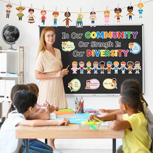 Image of HIQINLUG Diversity Strength Bulletin Board Decorations Set - Diversity Classroom Decor, Multicultural Bulletin Board, Earth Day Classroom Decor, Paper Cutouts, Wall Art