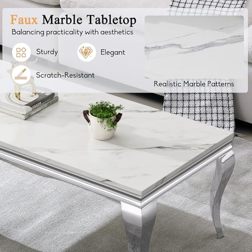 Image of Luxury Coffee Table Set of 2, Rectangular Coffee Table with End Side Table, Modern 2 Piece Living Room Table Set with Faux Marble Top & Silver Stainless Steel S Legs for Apartment Home Office