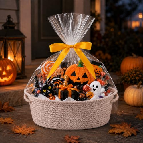 Image of Empty Gift Basket with Gift Bag & Ribbon, Woven Rope Basket, 12x8x5 inch