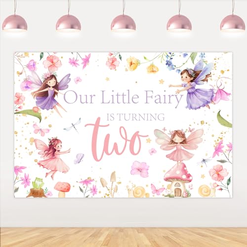 Jollyboom Fairy Baby Shower Decoration Girl, Our Little Fairy is Turning Two Backdrop Banner 5×3ft Fairy Mushroom Background Props for Fairy Woodland Forest 2nd Baby Shower Birthday Party Decoration