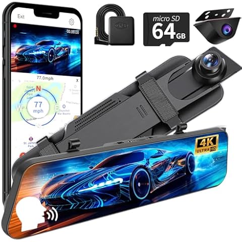 Mirror Dash Camera for Car Dual Dashcam 4K Front 1080P Rear View w/Wi-Fi&APP ADAS BSD LCA GPS WDR Night Vision G-Sensor Loop Recording Parking Monitor 64GB Card (Voice Control) Cover