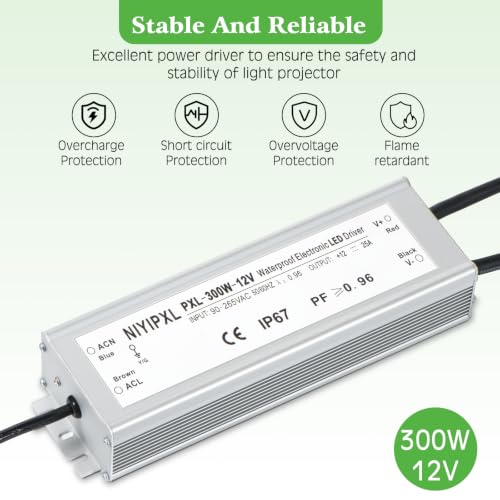 Image of LED Driver 300 Watts(150W X2) 12V DC Transformer，Waterproof IP67 Power Supply, Adapter with 3-Prong Plug 3.3 Feet Cable for Any DC led Lights, Computer Project, Outdoor Light